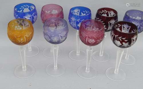 Convolut 9 wine roemers,crystal glass with colorful overlay,...