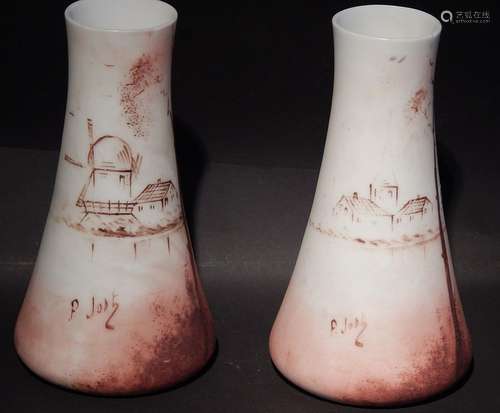 Pair of narrow flower vases with windmill decor,signed,aroun...