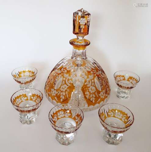 Carafe with 5 liqueur glasses,honey colored crystal glass