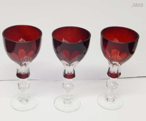 Convolute 3 wine roemers,crystal glass with red overlay,hand...