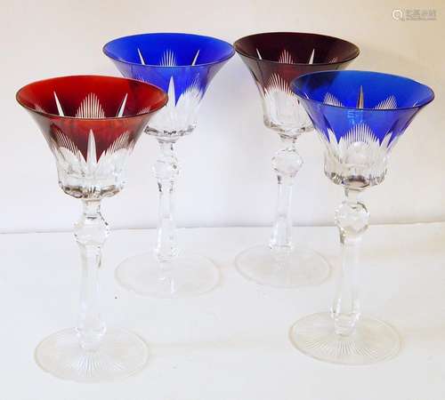 Set of 4 wine goblets,crystal glass with blue,red and dark r...