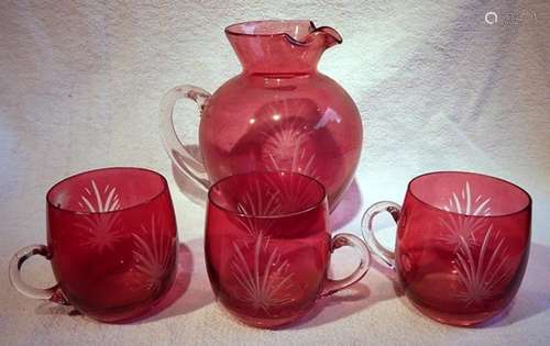 Handle jug with 3 handle glasses,crystal glass with red over...