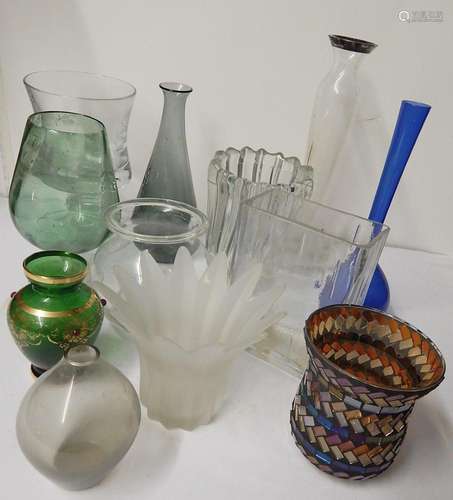 Mixed lot 12 glass vases,partly with silver plated mount,tog...