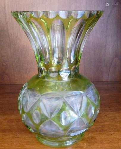 Flower vase,crystal glass,light green overlay,hand cut