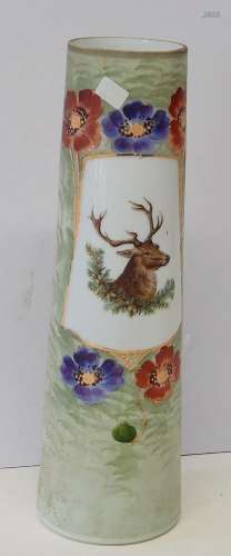 Flower vase with depicted deer head and floral decor,opal gl...