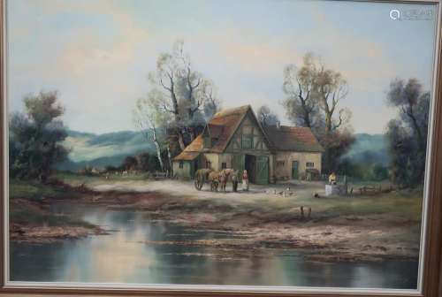 Farm with figure scenery at a lake