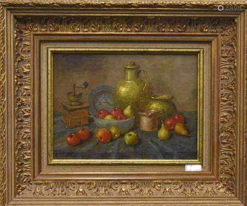 Still life with coffee grinder and fruits