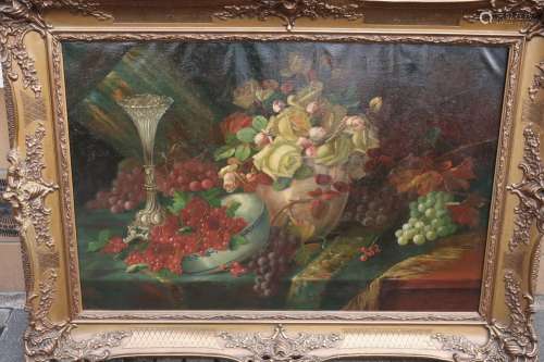 Still life of flowers with roses and grapes