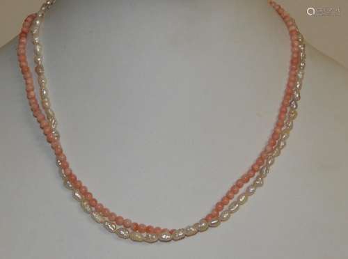 2 row necklace with corals and white freshwater pearls