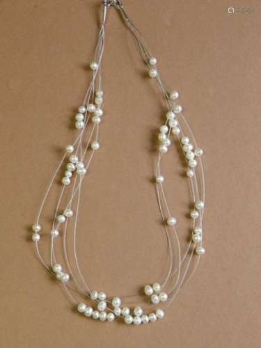 5 row necklace with freshwater pearls and 925 silver wire an...