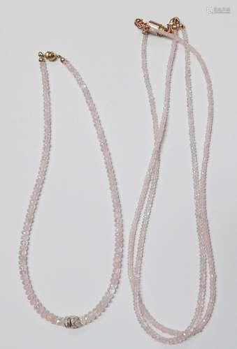 2-row rose quartz necklace and rose quartz necklace