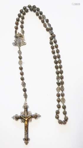 Long rosary with filigree worked ball elements and cross pen...