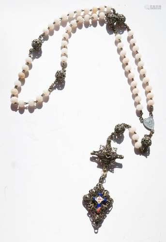 Long rosary with white glass beads and filigree worked ball ...