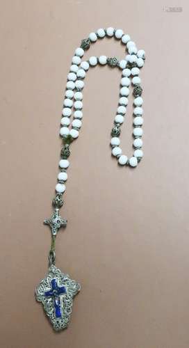 Rosary with white glass beads and filigree pendant with enam...