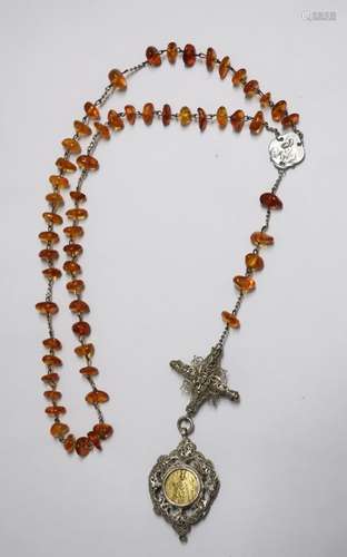 Rosary with amber trim and filigree pendant with inlaid