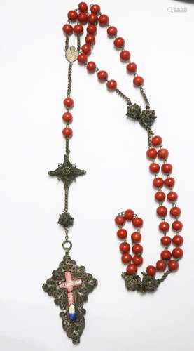 Large rosary with red beads and filigree pendant with enamel...