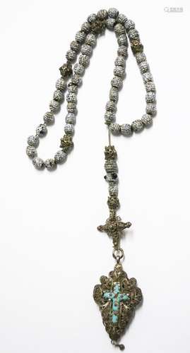 Rosary with filigree pendant and with inlaid turquoise cross