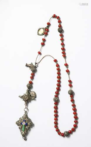 Rosary with red glazed ceramic beads and filigree pendant wi...