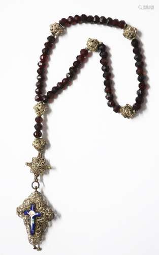 Rosary with cut red glass beads and filigree pendant with in...