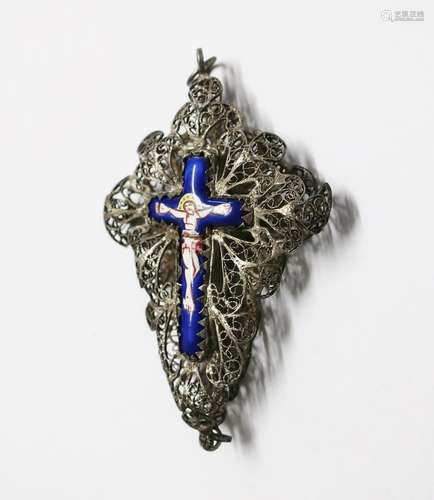 Large filigree cross pendant with enamel cross inlay