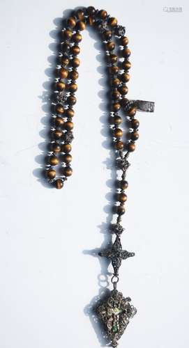 Rosary with tiger eye beads and filigree worked silver eleme...