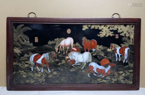 红木镶瓷板画珐琅掐丝八骏图中堂挂屏