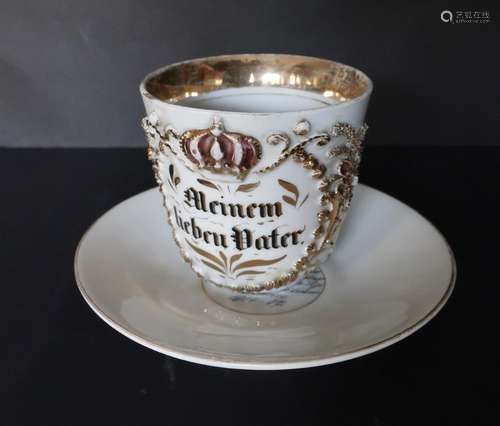 Reserve cup with saucer "My dear father-Joyfully wake u...