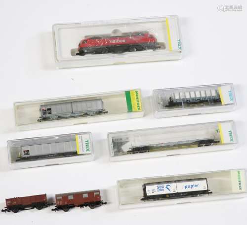 Minitrix electric locomotive model no. 12766 and 7 freight c...