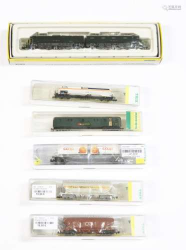 Minitrix electric locomotive model no. 12426 and 5 freight c...