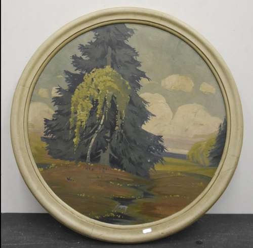 Romantic landscape, oil on wood, after Postel, diameter 60cm...