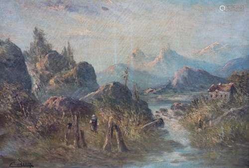 C.Lion (XIX/XX) "Alpine landscape with figures and moun...