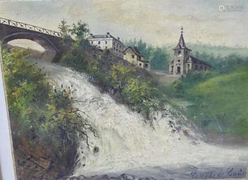 Waterfall under a bridge and with village view,oil on canvas...