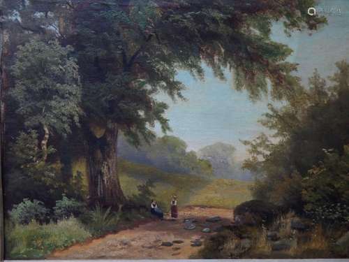"Romantic landscape with strollers", oil on canvas...