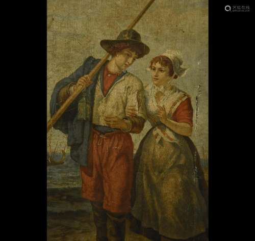 Young sailor couple, oil on canvas,ca 67 x 45cm,damaged,arou...