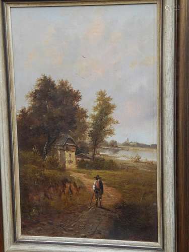 "Homestead in romantic landscape with walker", oil...