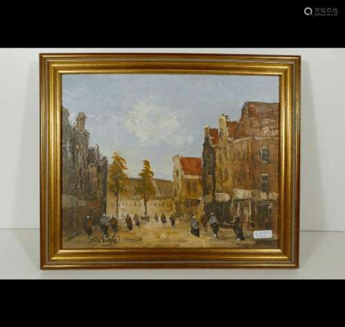 City view with figure staffage,oil on wood,signed de Wale,ca...