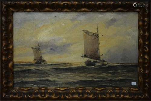 "Fishing boats on foaming sea",oil on canvas,illeg...