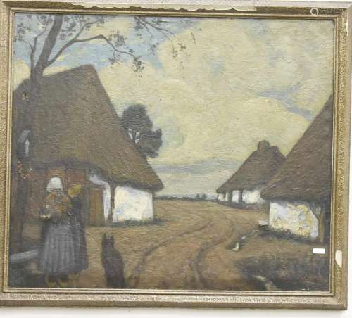 "Peasant women on a village road with cottages",oi...