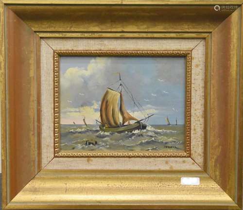 "Fish boat in foaming sea",oil on wood,signed J. T...