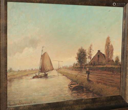 "Flemish landscape with canal and figure staffage"...