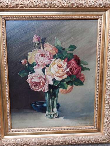 "Still life of flowers with roses",oil on canvas,s...