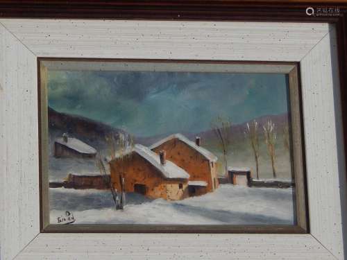 "Winter Landscape with Kate",oil on wood,illegibly...