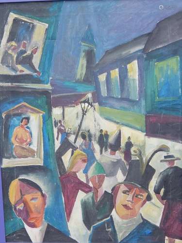 "Street scene with figures", oil on canvas, signed...