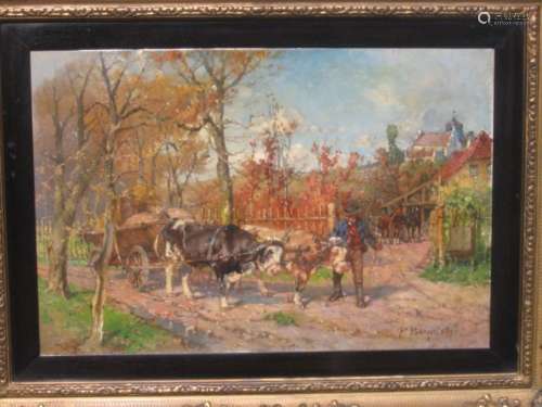 Paul Burmeister(1847-1923) "Farmer with ox cart",o...