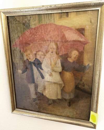 "Singing children under an umbrella",oil on canvas...