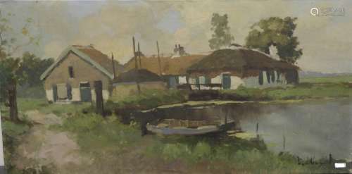 "River landscape with farm and rowboat",oil on can...