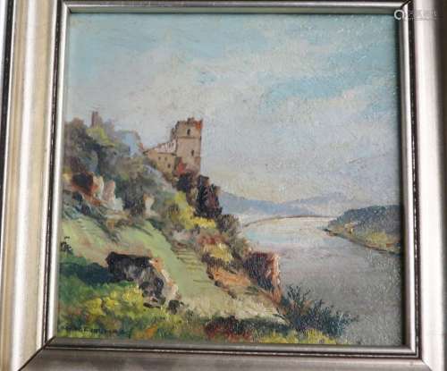 "View of Rhine castles", oil on cardboard, illegib...