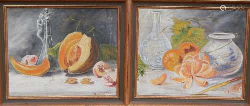 Pair of "Fruit still life with vessels",oil on can...