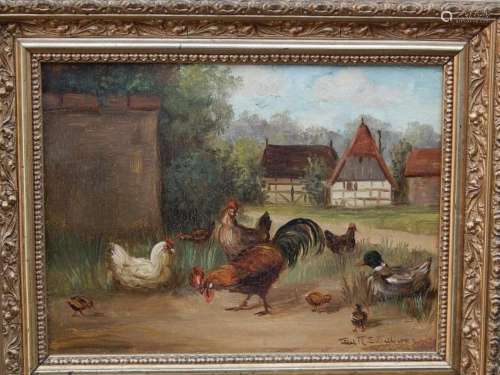 "Chicken yard",oil on wood,illegibly signed,ca.19x...