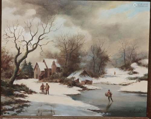 R.Jacobi "Romantic winter landscape with figures",...